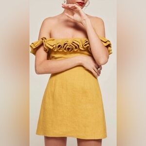 coral ruffle off the shoulder linen dress in gold / mustard yellow